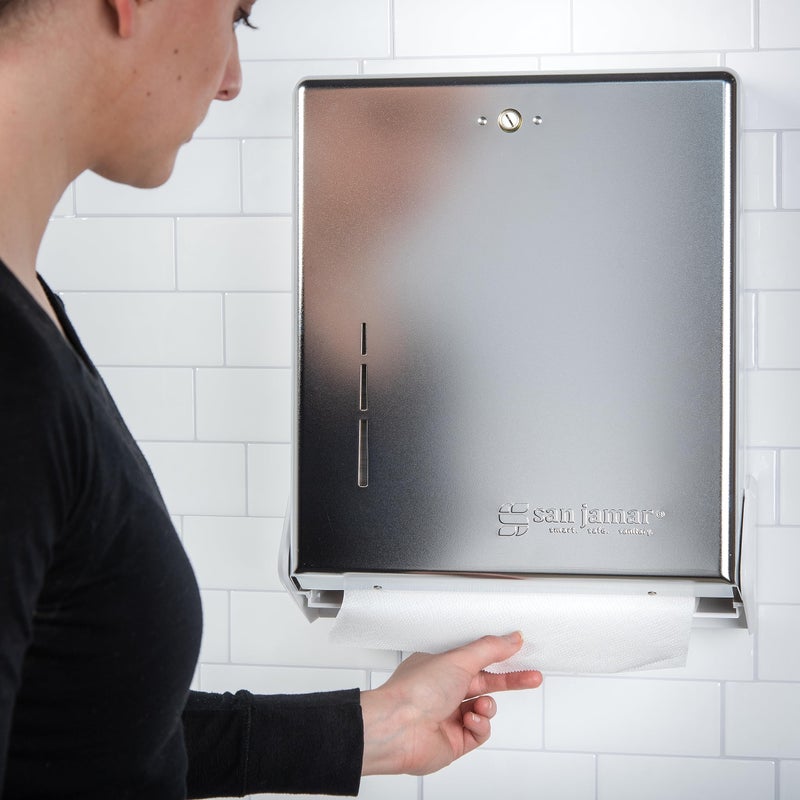 San Jamar True Fold Paper Towel Dispenser Holds Multifold/C-Fold Towels for Bathroom, Kitchens, and Restaurants, Metal and Plastic, 14.5 x 11.375 x 5 Inches, Chrome - Image 4